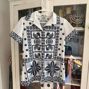 Vintage 70s chicken disco novelty print |azulejos button top by Di Vanti Medium